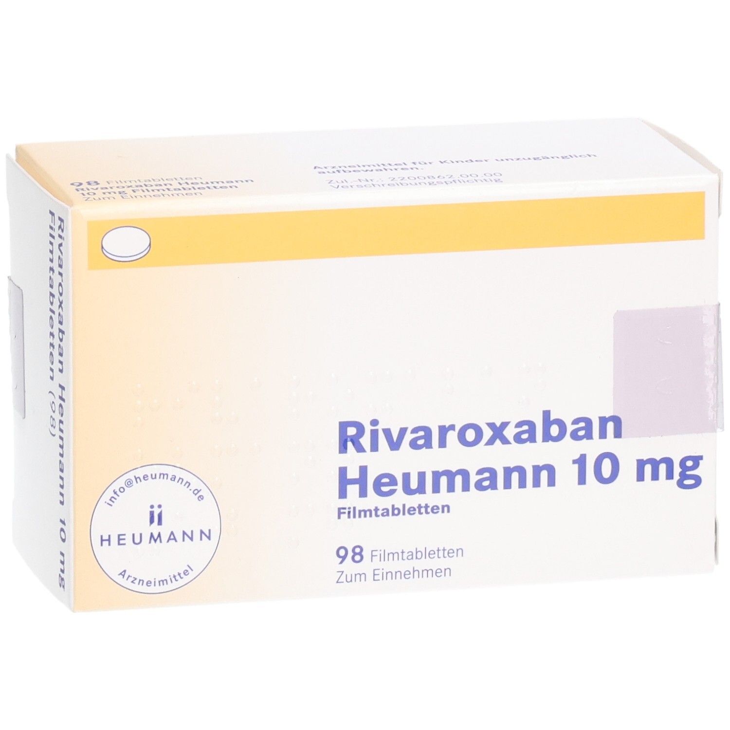 Schachtel mit RIVAROXABAN Heumann 10 mg Filmtabletten. Aufschrift: 98 Filmtabletten. Logo Heumann. Gelber Streifen.