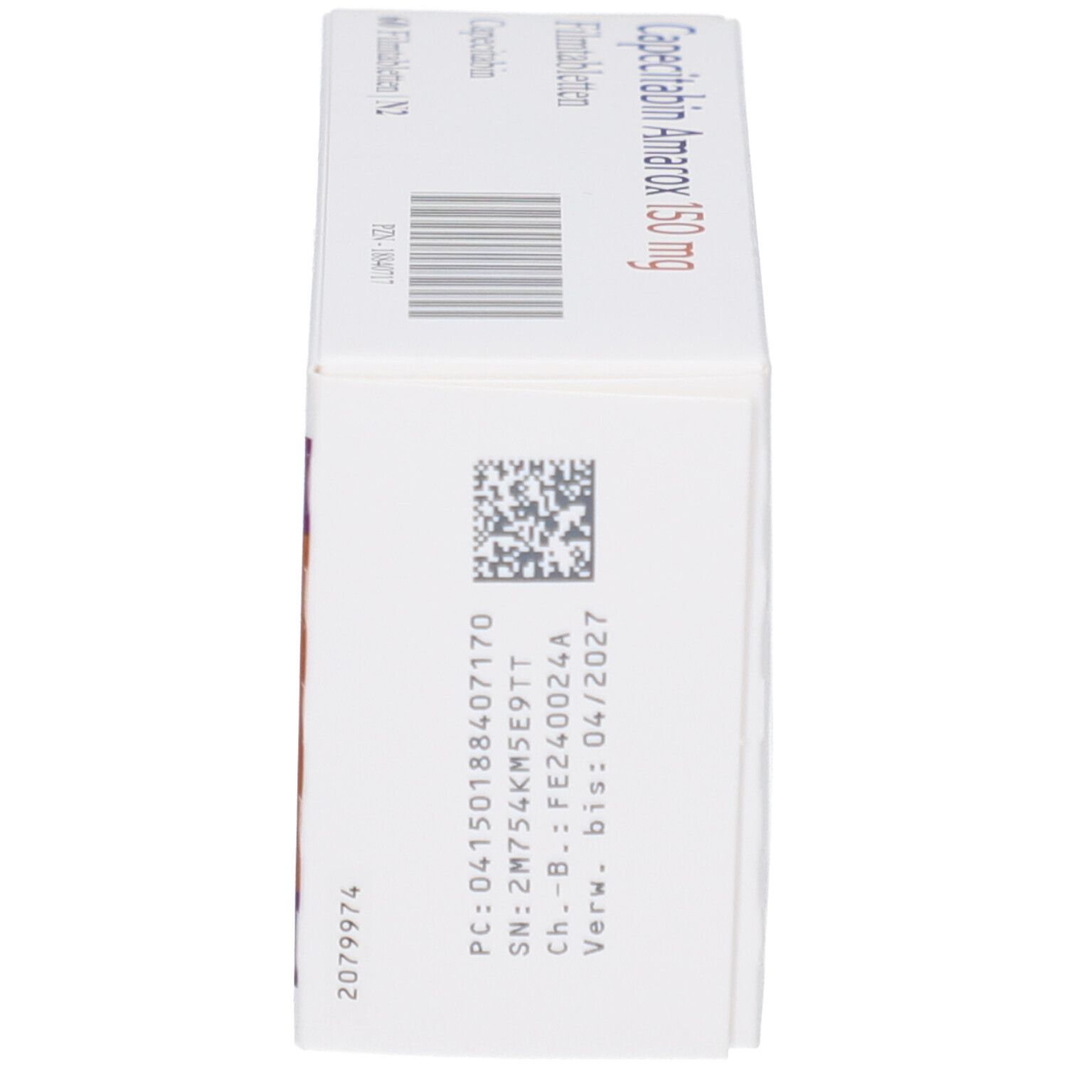 Schachtel mit Capecitabin Amarox 150 mg Filmtabletten. Aufdrucke: Chargennummer, Verfallsdatum, Barcode.