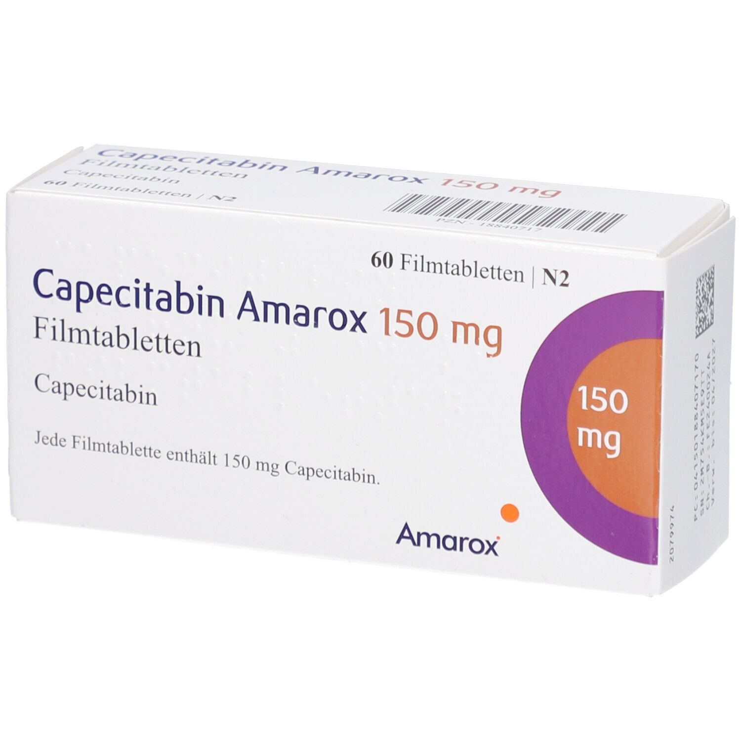 Schachtel mit Capecitabin Amarox 150 mg Filmtabletten. Aufdruck: 60 Filmtabletten, 150 mg, Amarox Logo.