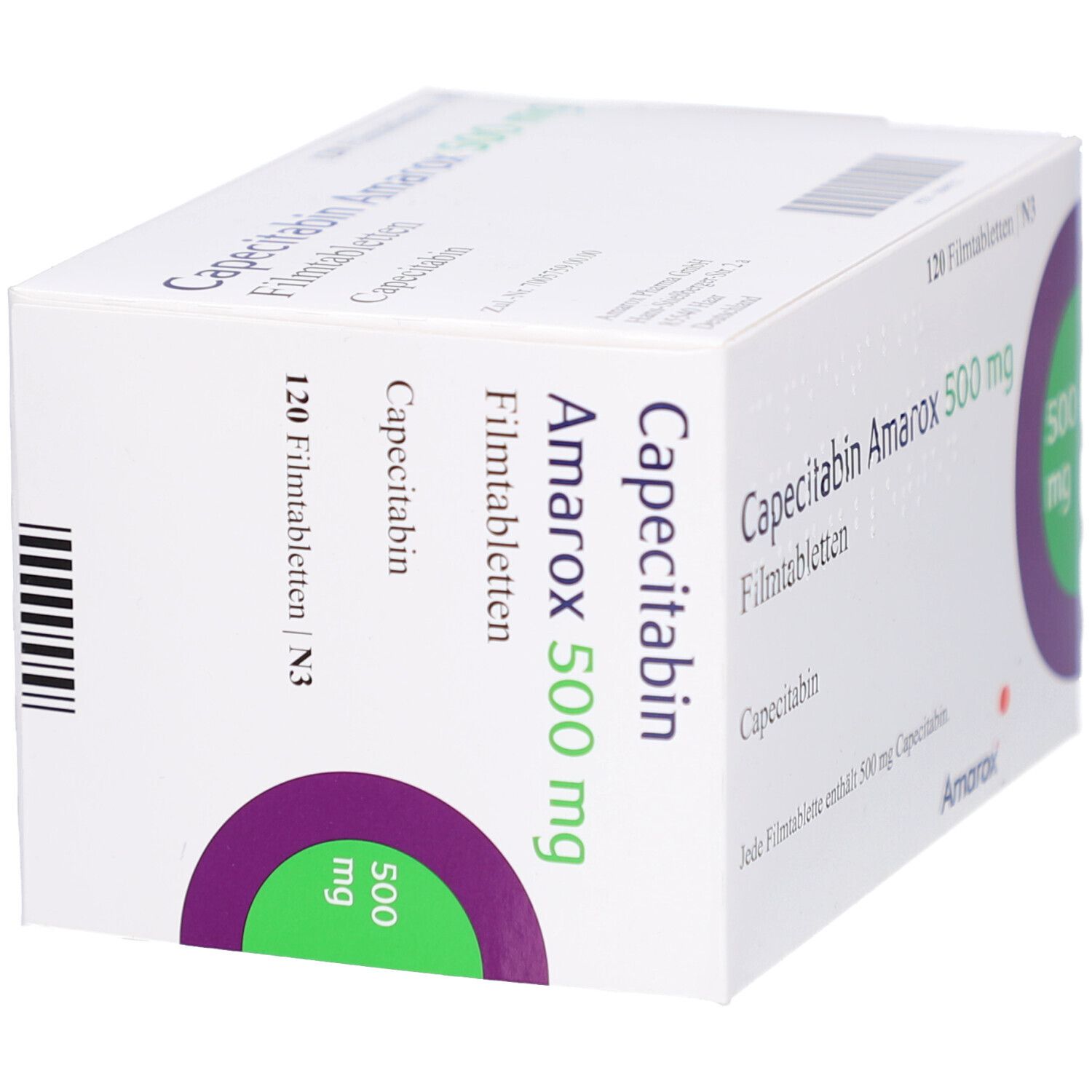 Weißer Karton mit Capecitabin Amarox 500 mg Filmtabletten. 120 Tabletten. Grün-violetter Kreis mit 500 mg. Schräge Ansicht.