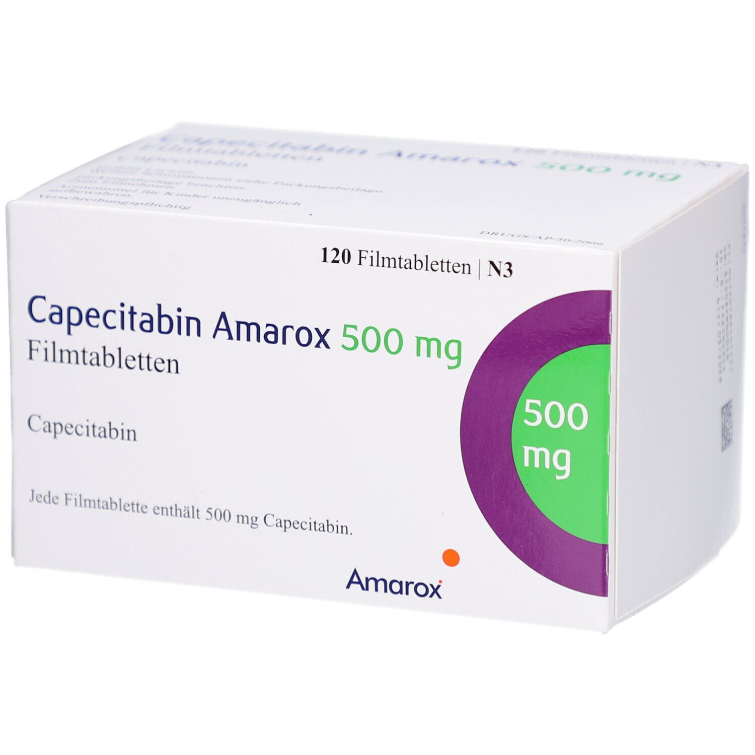 Weißer Karton mit Aufschrift Capecitabin Amarox 500 mg Filmtabletten. 120 Tabletten. Grün-violetter Kreis mit 500 mg.