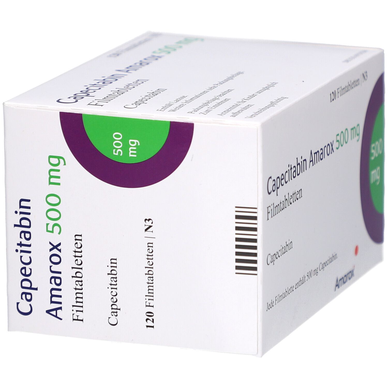Weißer Karton mit Capecitabin Amarox 500 mg Filmtabletten. 120 Tabletten. Grün-violetter Kreis mit 500 mg. Schräge Ansicht.