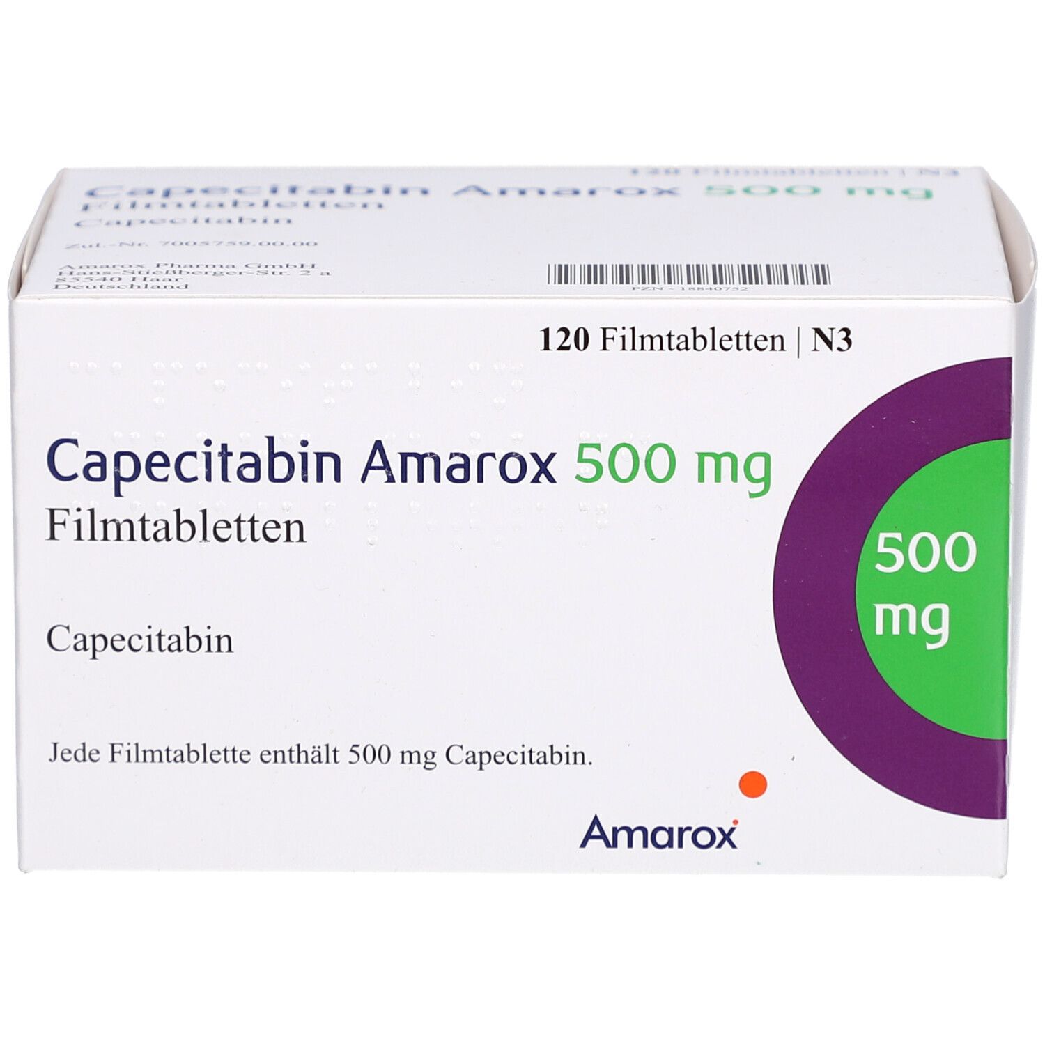 Weißer Karton mit Capecitabin Amarox 500 mg Filmtabletten. 120 Tabletten. Grün-violetter Kreis mit 500 mg.