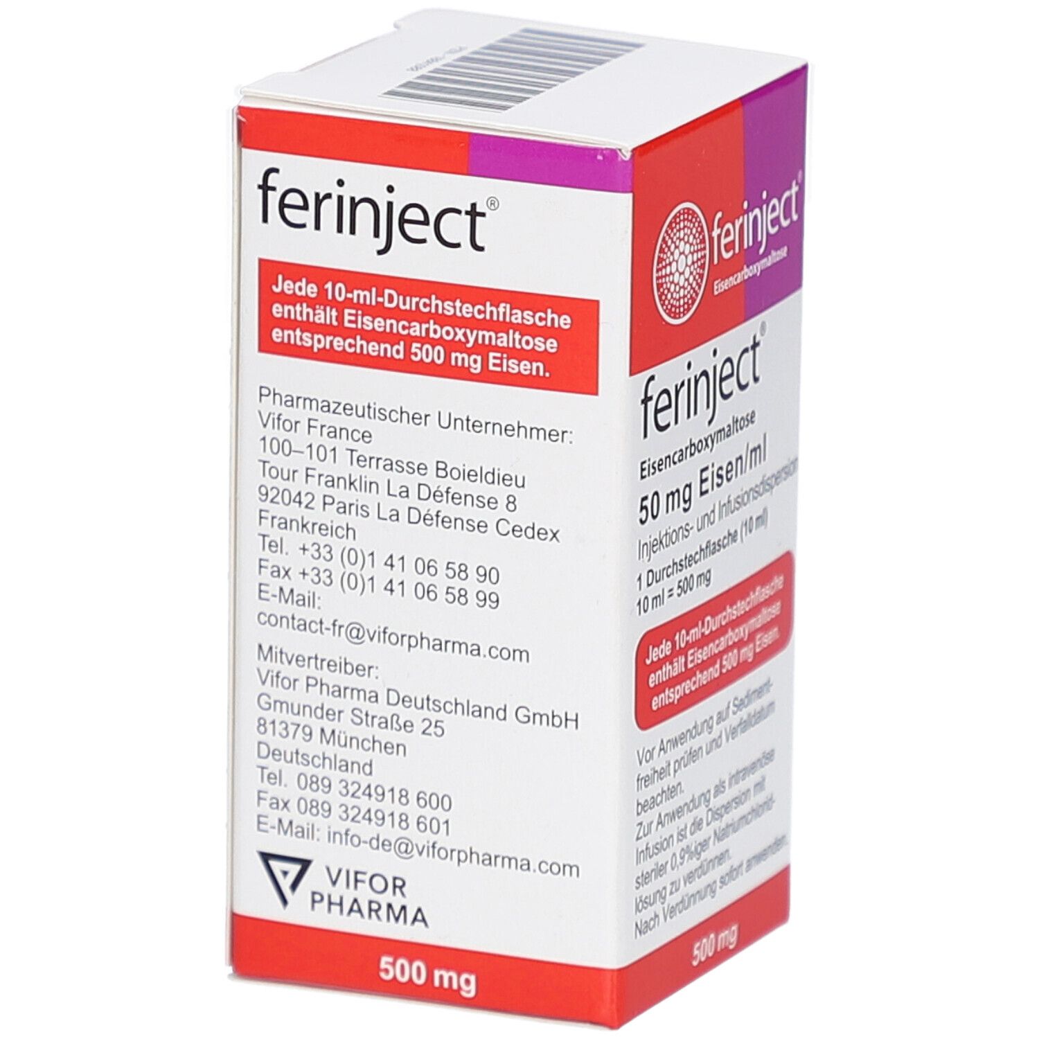 Karton von FERINJECT. Aufschrift: Eisencarboxymaltose, 50 mg Eisen/ml. VIFOR PHARMA Logo. 500 mg.