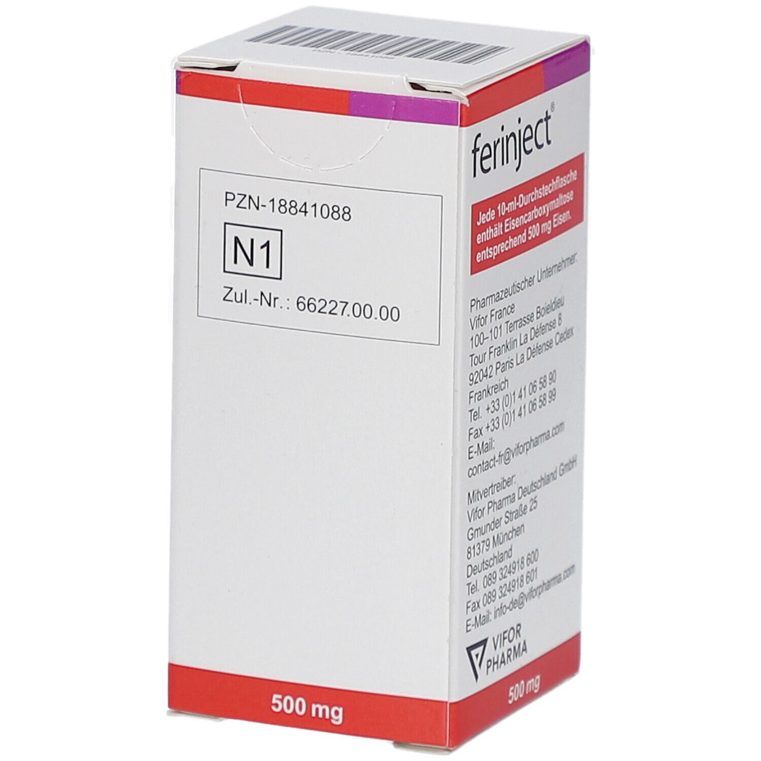 Karton von FERINJECT. Aufschrift: 500 mg. PZN-18841088, N1, Zul.-Nr.: 66227.00.00. VIFOR PHARMA Logo.