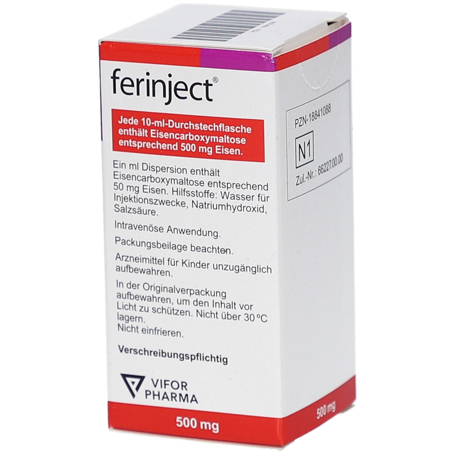 Karton von FERINJECT. Aufschrift: Eisencarboxymaltose, 50 mg Eisen/ml. VIFOR PHARMA Logo. 500 mg.