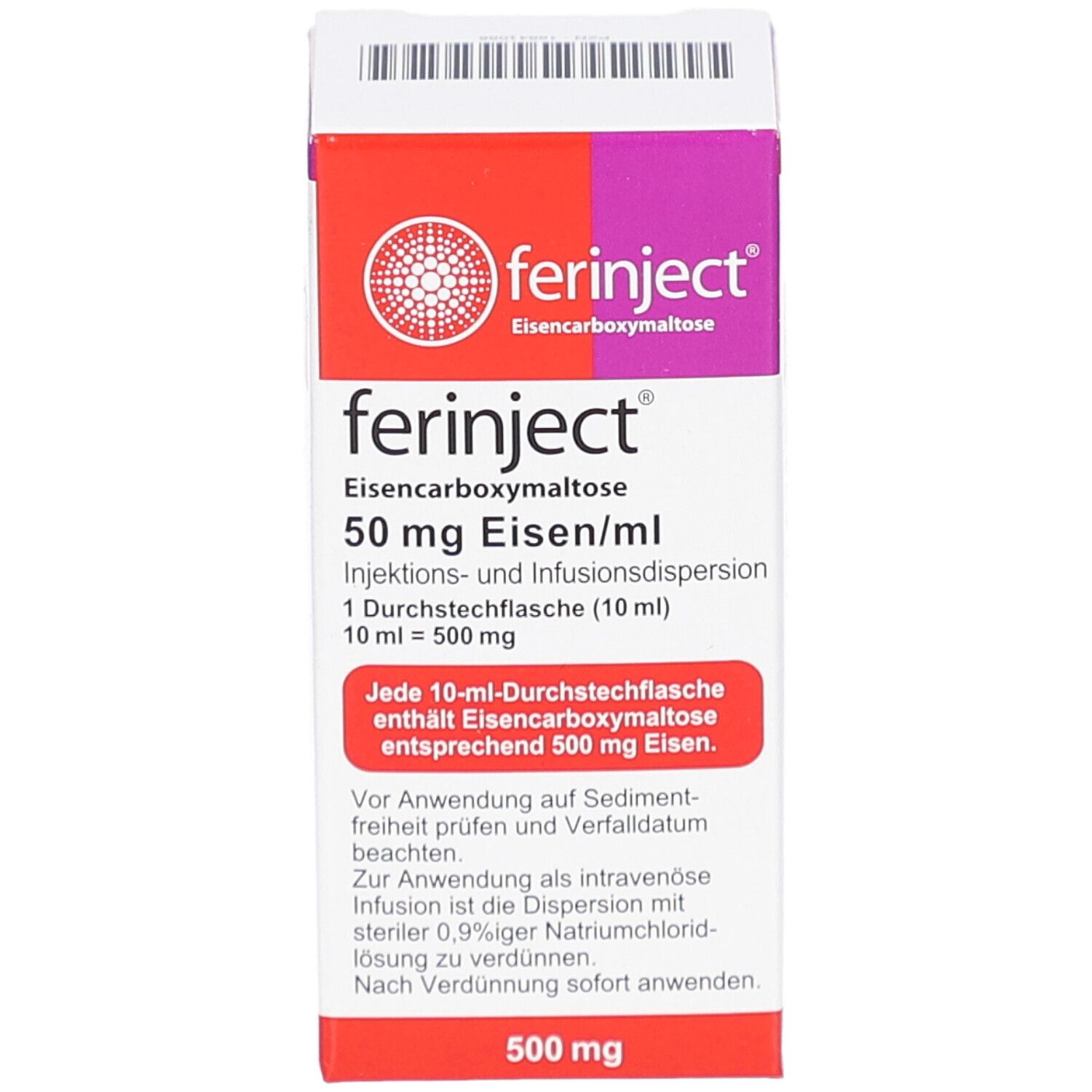 Karton von FERINJECT. Aufschrift: Eisencarboxymaltose, 50 mg Eisen/ml, Injektions- und Infusionsdispersion. 500 mg.