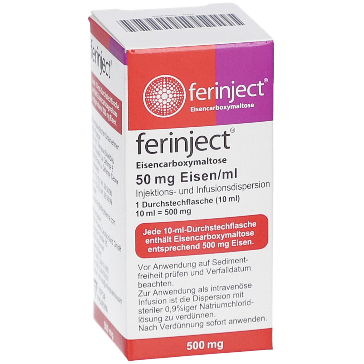Karton von FERINJECT. Aufschrift: Eisencarboxymaltose, 50 mg Eisen/ml, Injektions- und Infusionsdispersion. 500 mg.