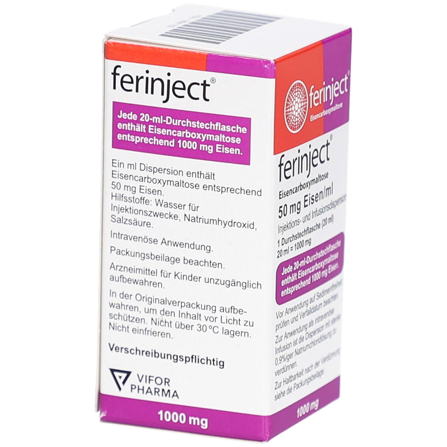 Karton von FERINJECT. Aufschrift: Eisen, 50 mg Eisen/ml, 1 Durchstechflasche (20 ml). Lila und weiß. Logo.