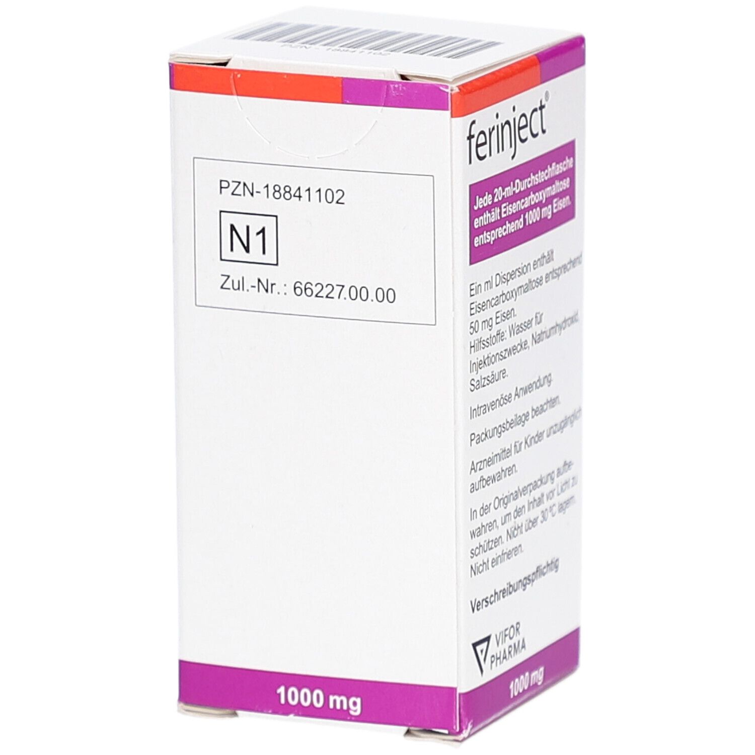 Karton von FERINJECT. Aufschrift: Eisen, 50 mg Eisen/ml, 1 Durchstechflasche (20 ml). Lila und weiß. Logo.