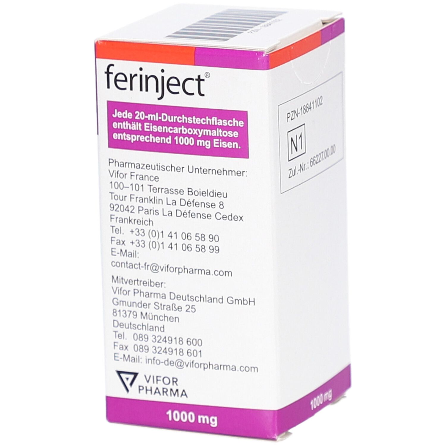 Karton von FERINJECT. Aufschrift: Eisen, 50 mg Eisen/ml, 1 Durchstechflasche (20 ml). Lila und weiß. Logo.