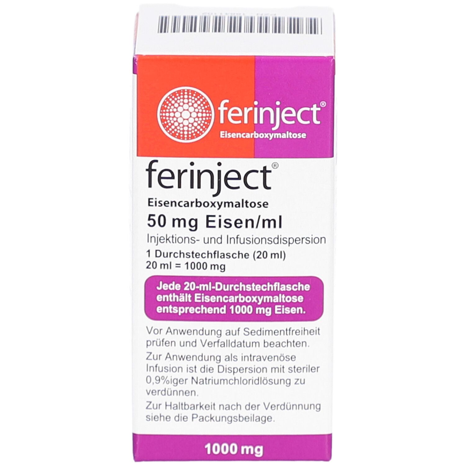 Karton von FERINJECT. Aufschrift: Eisen, 50 mg Eisen/ml, 1 Durchstechflasche (20 ml). Lila und weiß. Logo.