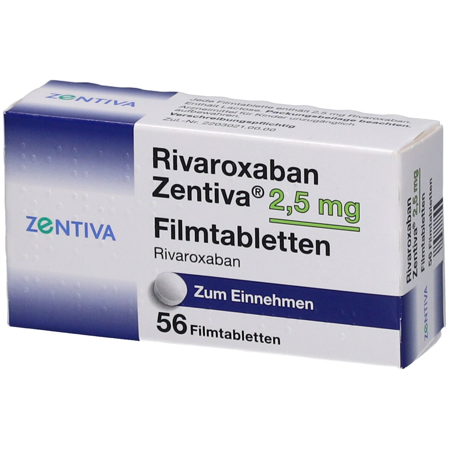 Schachtel mit Rivaroxaban Zentiva 2,5 mg Filmtabletten. 56 Tabletten. Zentiva-Logo. Weiße Tablette abgebildet.