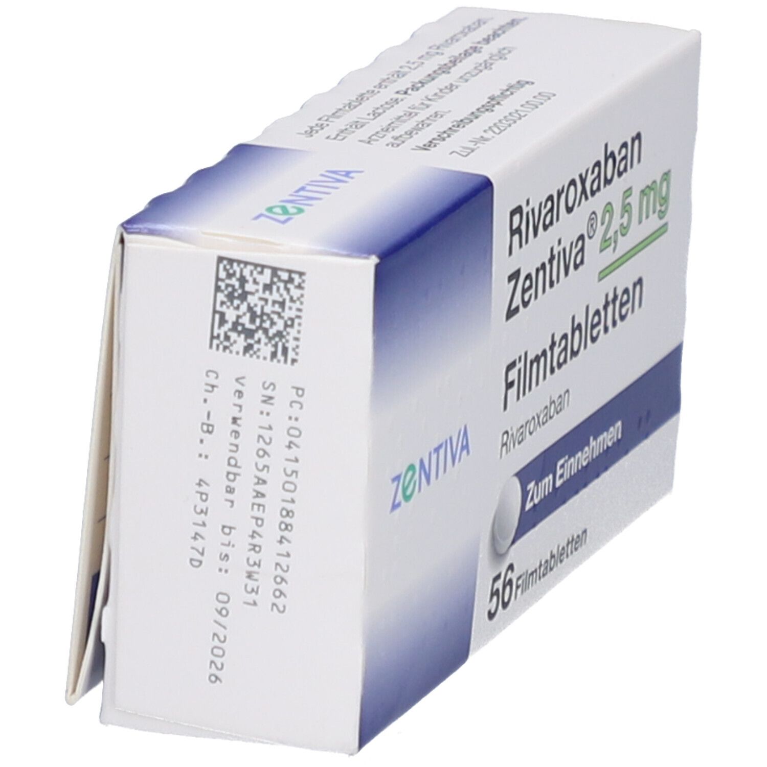 Schachtel Rivaroxaban Zentiva 2,5 mg Filmtabletten. Rückseite mit Chargennummer, Verfallsdatum. Zentiva-Logo.