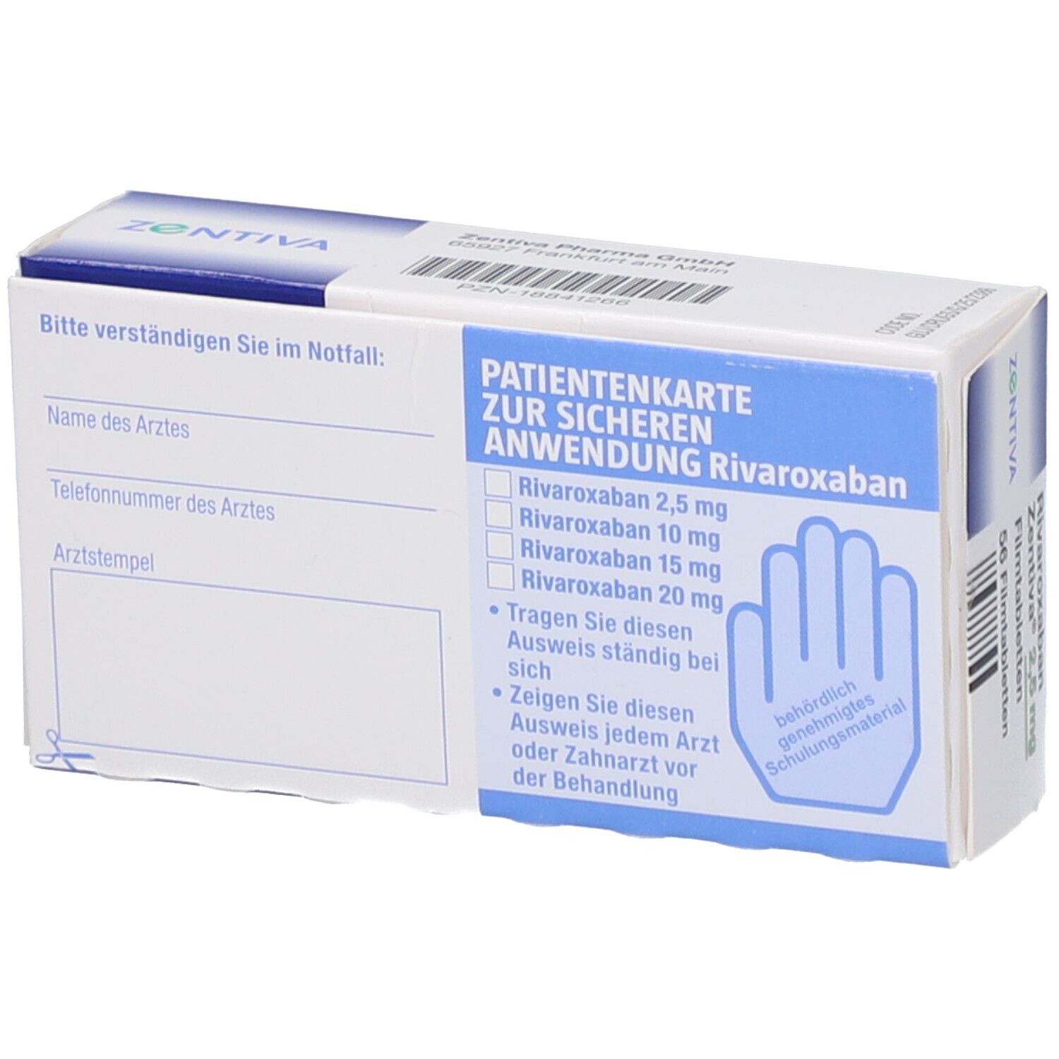 Schachtel Rivaroxaban Zentiva 2,5 mg Filmtabletten. Innenseite mit Patientenkarte zur sicheren Anwendung. Hand-Symbol.
