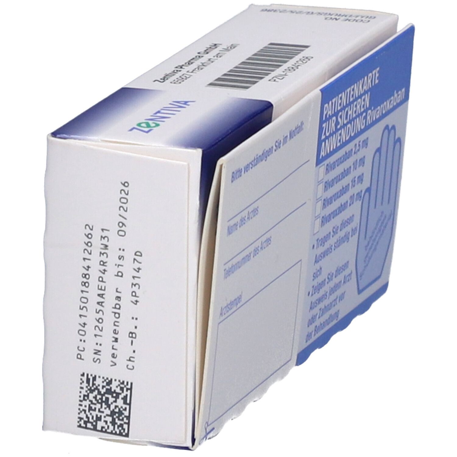 Schachtel Rivaroxaban Zentiva 2,5 mg Filmtabletten. Innenseite mit Patientenkarte. Rückseite mit Chargennummer, Verfallsdatum.