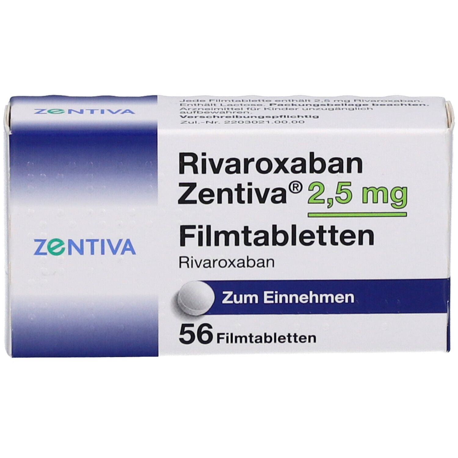 Schachtel mit Rivaroxaban Zentiva 2,5 mg Filmtabletten. 56 Tabletten. Zentiva-Logo. Weiße Tablette abgebildet.