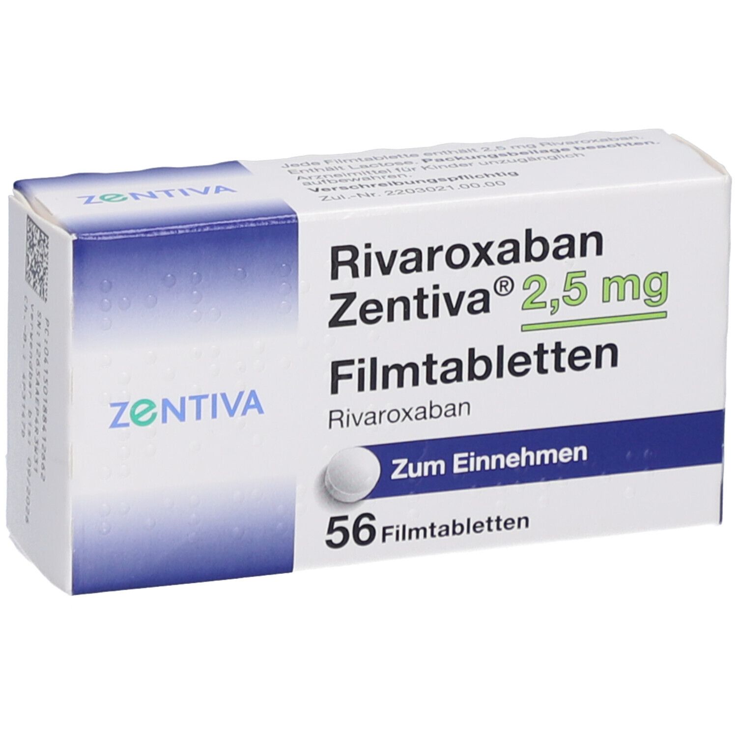 Schachtel mit Rivaroxaban Zentiva 2,5 mg Filmtabletten. 56 Tabletten. Zentiva-Logo. Weiße Tablette abgebildet.
