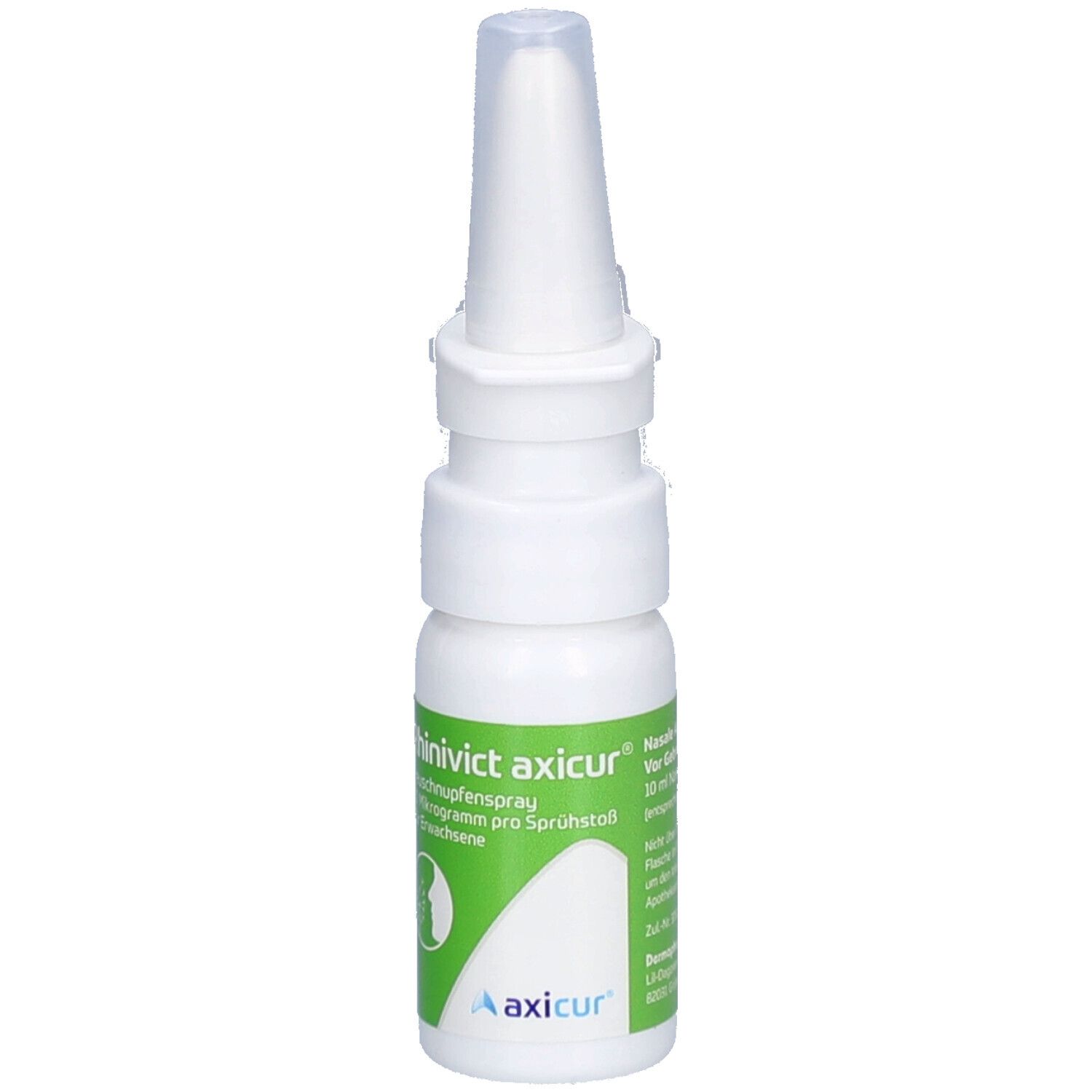 Weiße Flasche mit Nasenspray-Aufsatz. Beschriftung: Rhinivict axicur, Heuschnupfenspray. Grünes Etikett mit Logo.