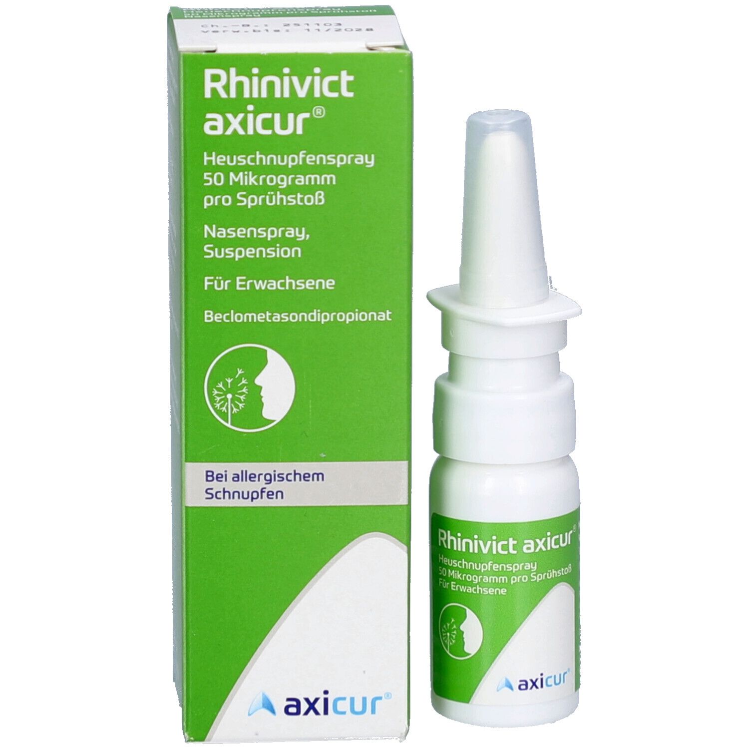 Grüne Schachtel und weiße Flasche mit Nasenspray-Aufsatz. Beschriftung: Rhinivict axicur, Heuschnupfenspray. Logo und Text.
