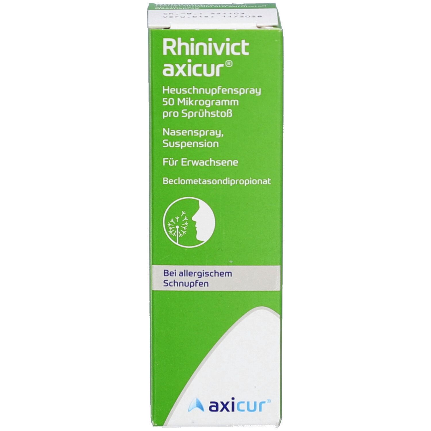 Grüne Schachtel mit Beschriftung: Rhinivict axicur, Heuschnupfenspray. Logo und Text. Für allergischen Schnupfen.