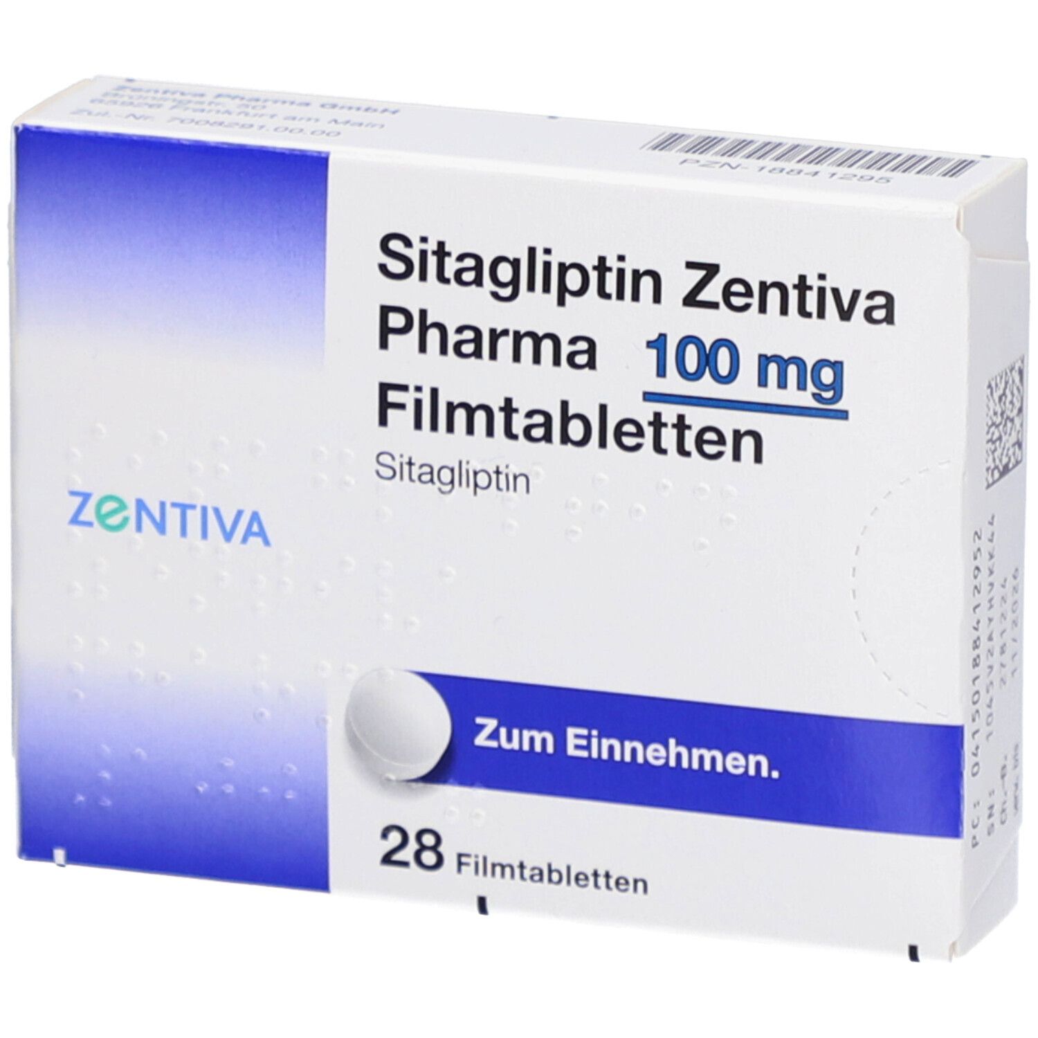 Schachtel mit Filmtabletten. Aufschrift: Sitagliptin Zentiva Pharma 100 mg Filmtabletten. Enthält 28 Tabletten. Mit Tablette.