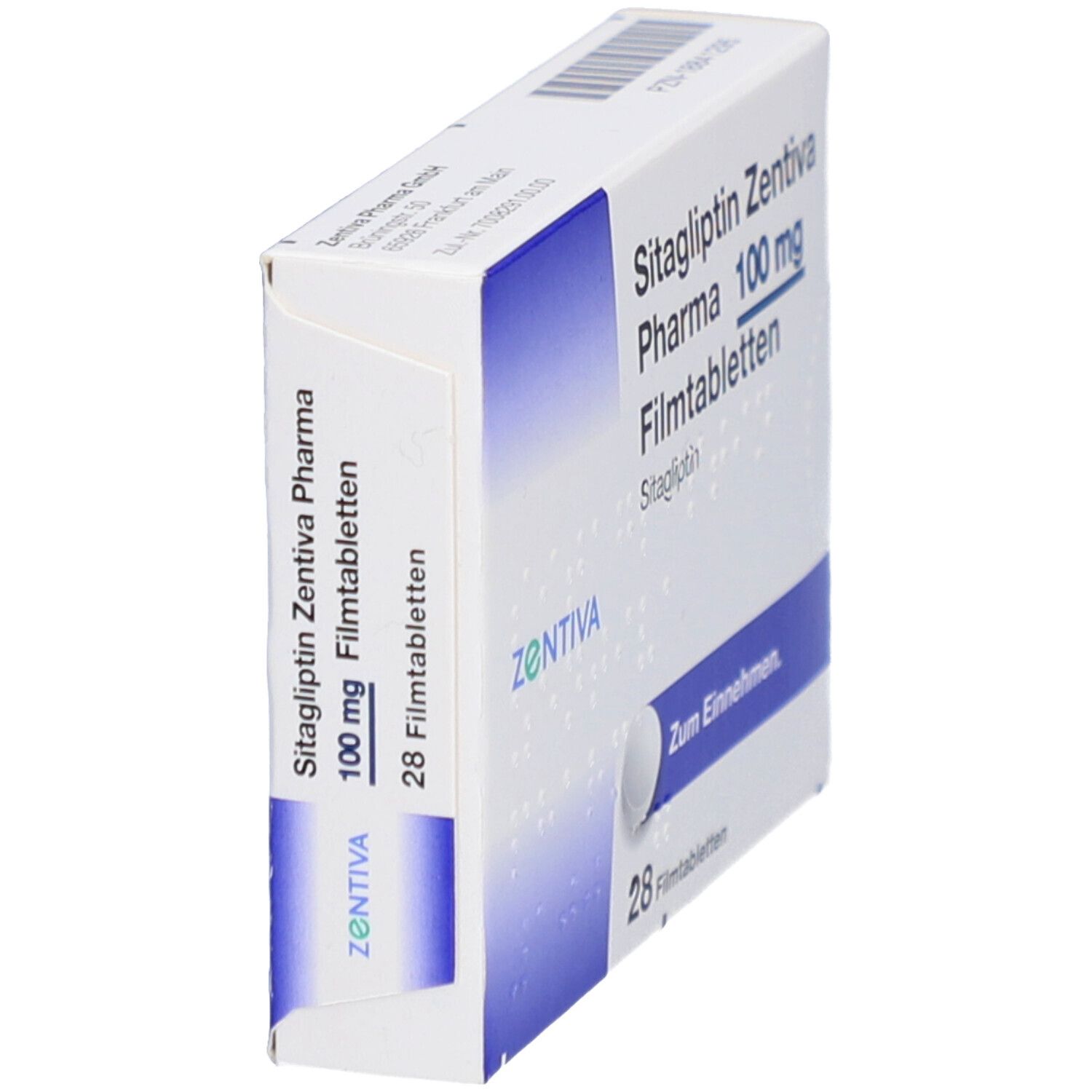 Schachtel mit Filmtabletten. Aufschrift: Sitagliptin Zentiva Pharma 100 mg Filmtabletten. Enthält 28 Tabletten. Seitenansicht.