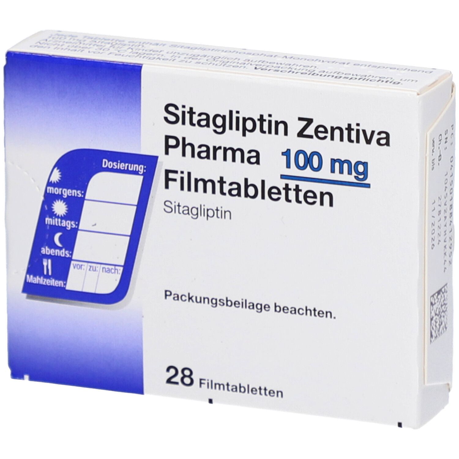 Schachtel mit Filmtabletten. Aufschrift: Sitagliptin Zentiva Pharma 100 mg Filmtabletten. Enthält 28 Tabletten. Mit Dosierungshinweis.