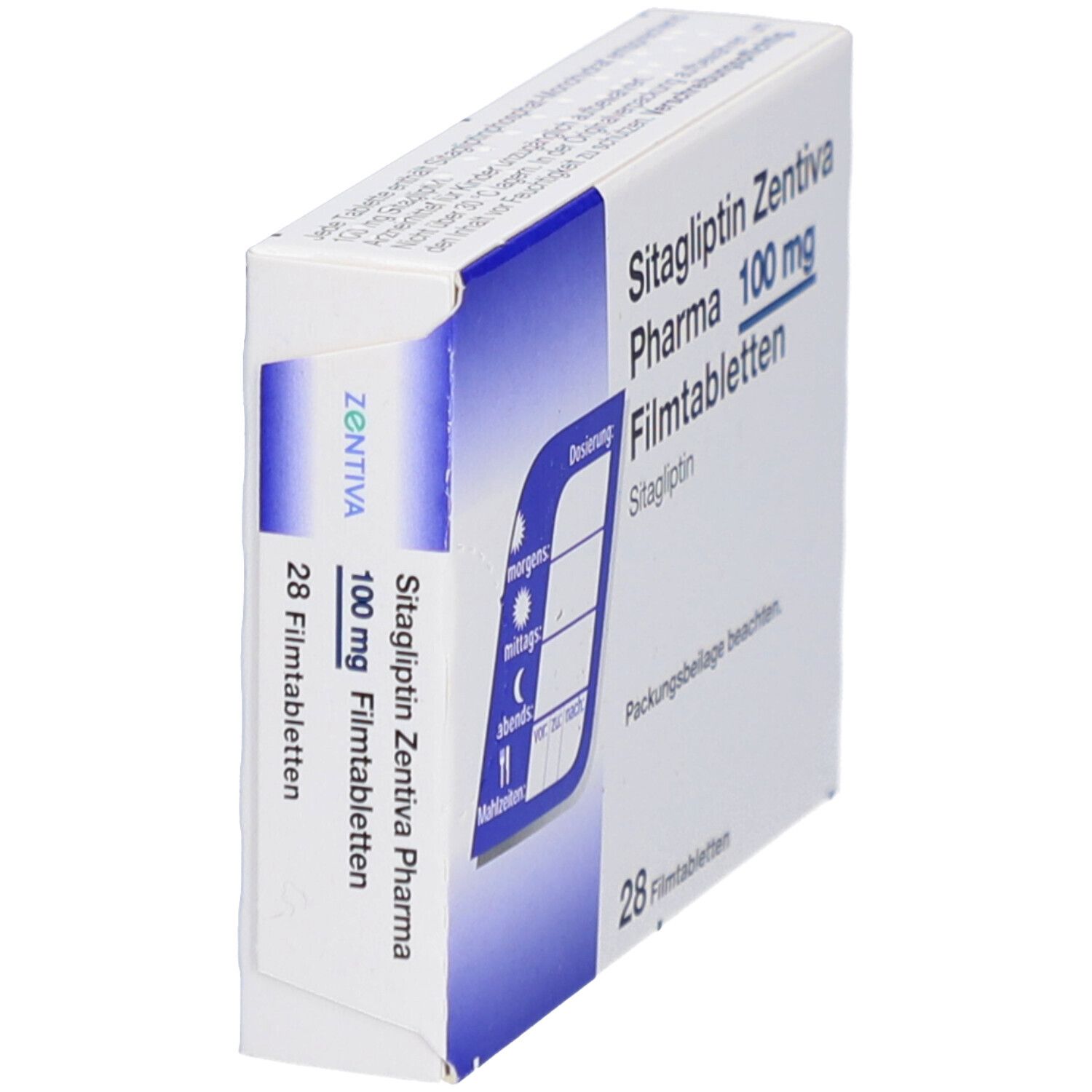 Schachtel mit Filmtabletten. Aufschrift: Sitagliptin Zentiva Pharma 100 mg Filmtabletten. Enthält 28 Tabletten. Seitenansicht mit Dosierungshinweis.
