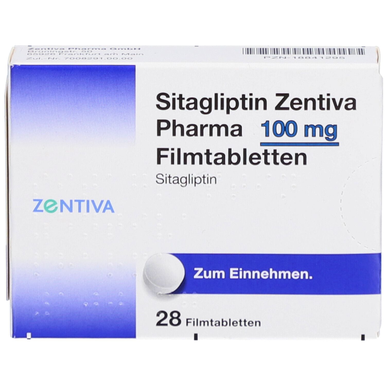 Schachtel mit Filmtabletten. Aufschrift: Sitagliptin Zentiva Pharma 100 mg Filmtabletten. Enthält 28 Tabletten. Mit Tablette.