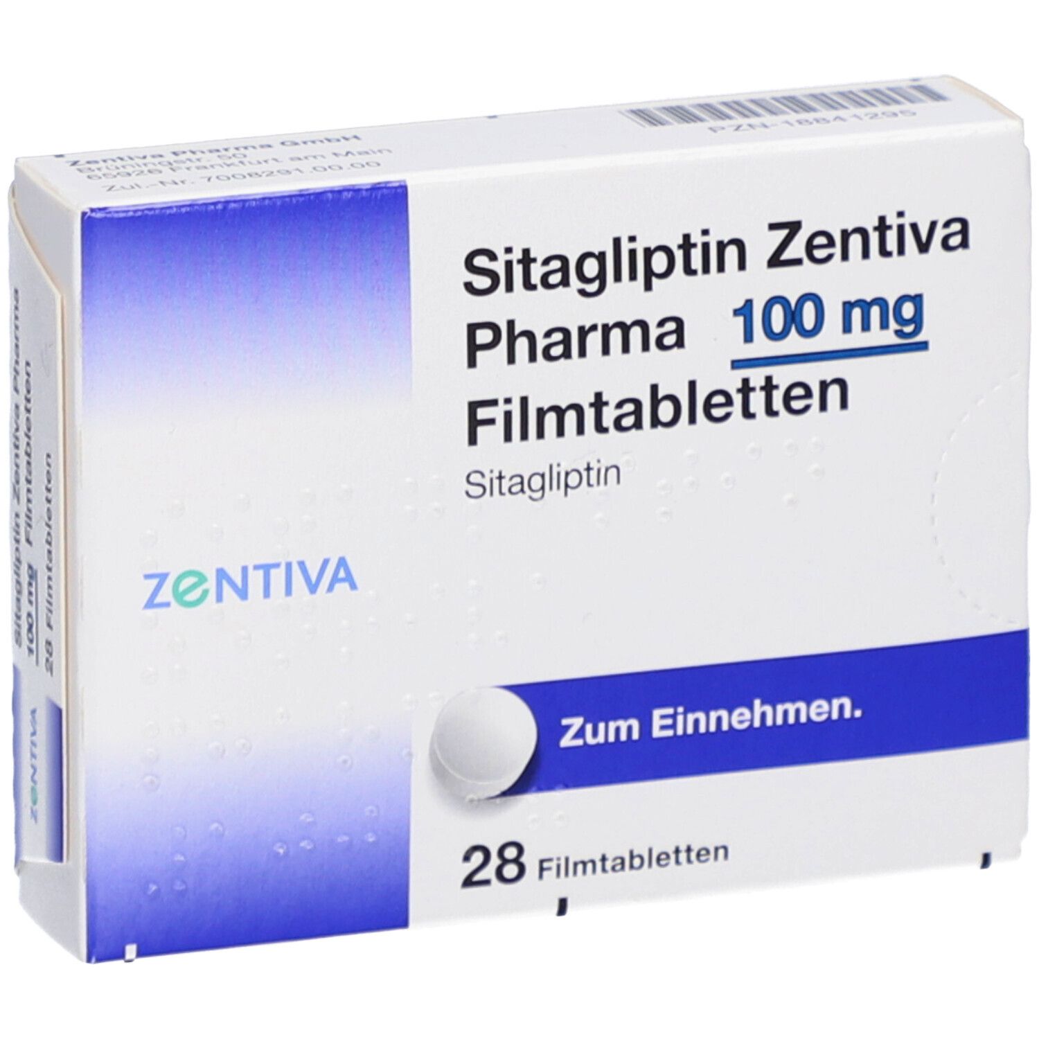 Schachtel mit Filmtabletten. Aufschrift: Sitagliptin Zentiva Pharma 100 mg Filmtabletten. Enthält 28 Tabletten. Mit Tablette.