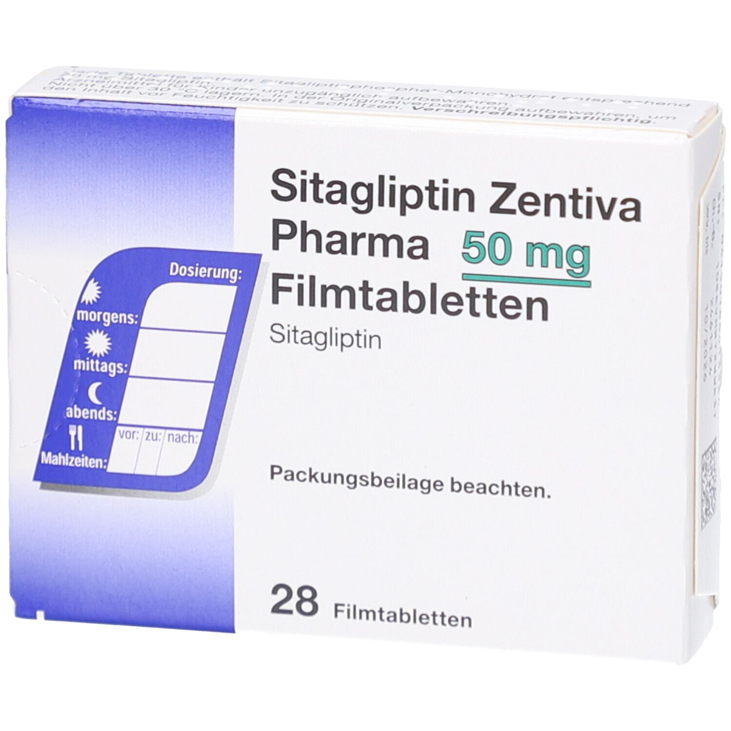 Schachtel mit SITAGLIPTIN Zentiva Pharma 50 mg Filmtabletten. Enthält 28 Tabletten. Aufdruck mit Dosierungshinweisen.