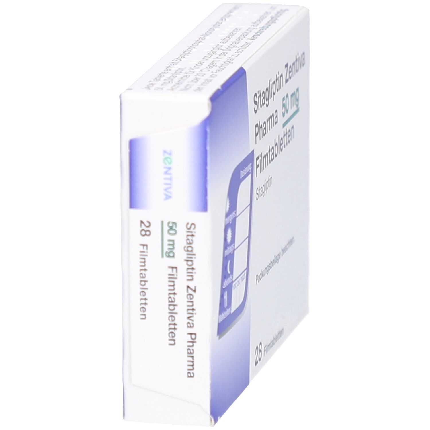 Schachtel SITAGLIPTIN Zentiva Pharma 50 mg Filmtabletten, Seitenansicht. Enthält 28 Tabletten. Marke Zentiva sichtbar.