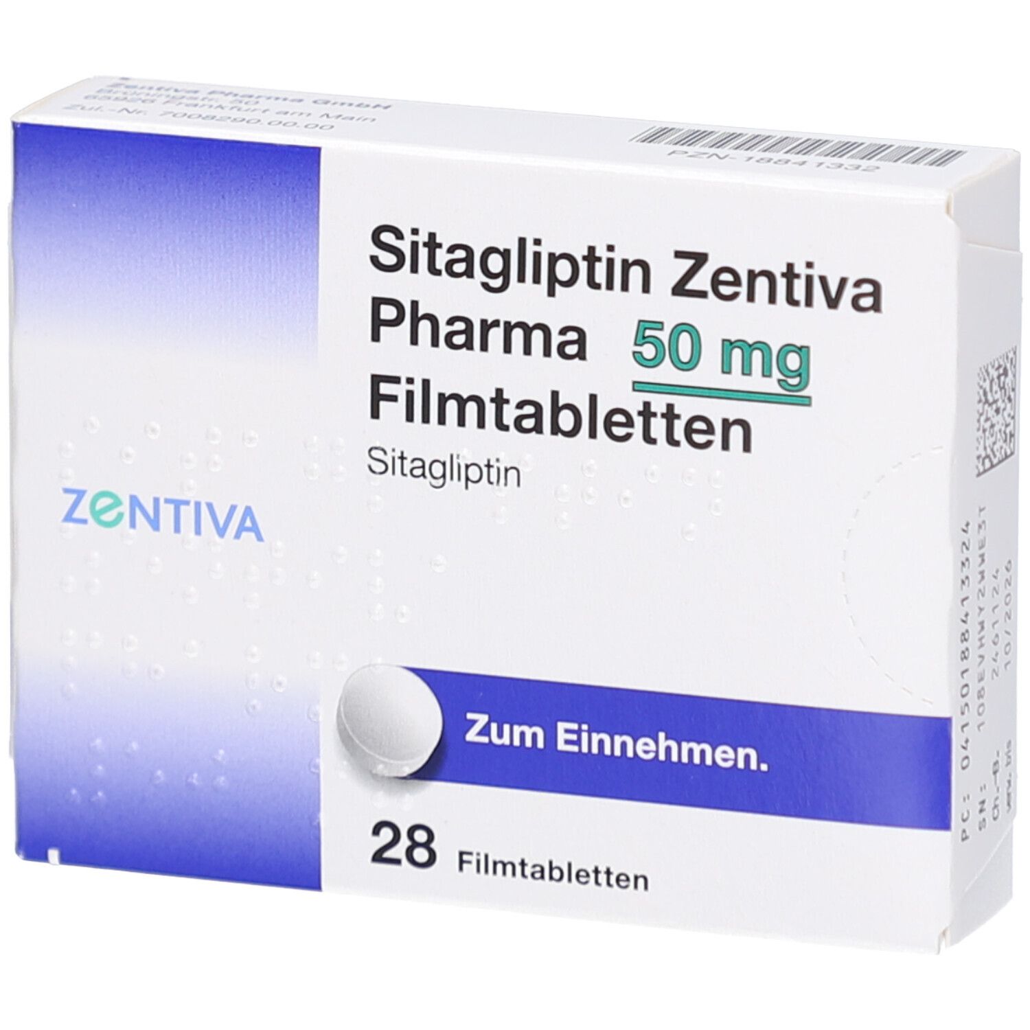 Schachtel SITAGLIPTIN Zentiva Pharma 50 mg Filmtabletten. Enthält 28 Tabletten. Aufdruck: "Zum Einnehmen".