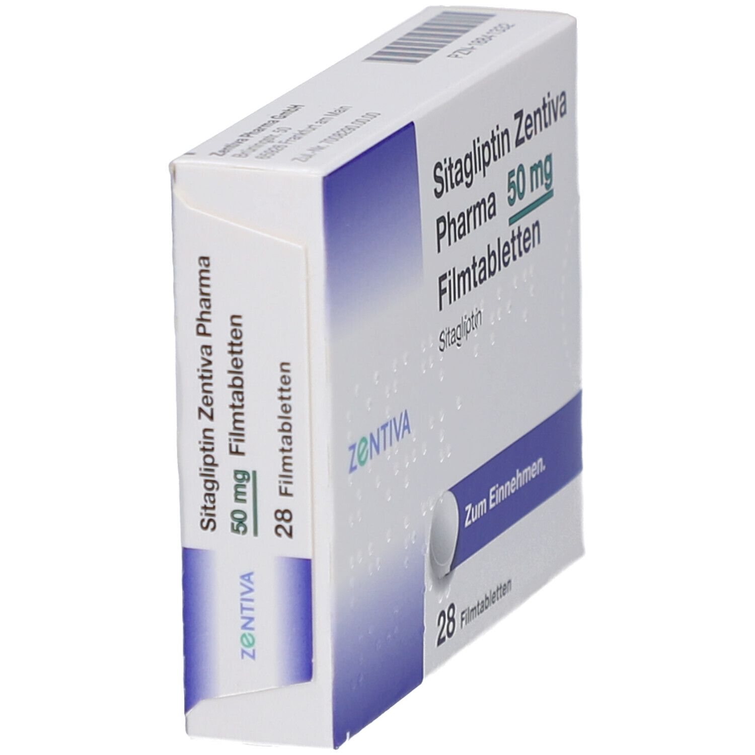 Schachtel SITAGLIPTIN Zentiva Pharma 50 mg Filmtabletten, Seitenansicht. Enthält 28 Tabletten. Marke Zentiva sichtbar.