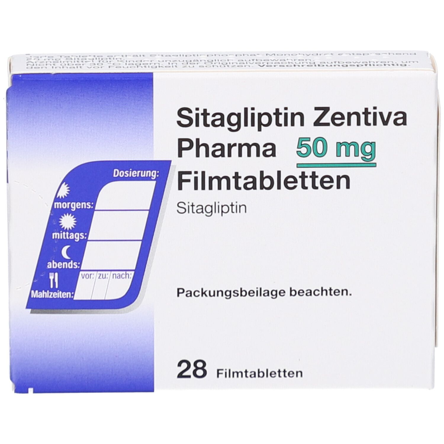 Schachtel mit SITAGLIPTIN Zentiva Pharma 50 mg Filmtabletten. Enthält 28 Tabletten. Aufdruck mit Dosierungshinweisen.