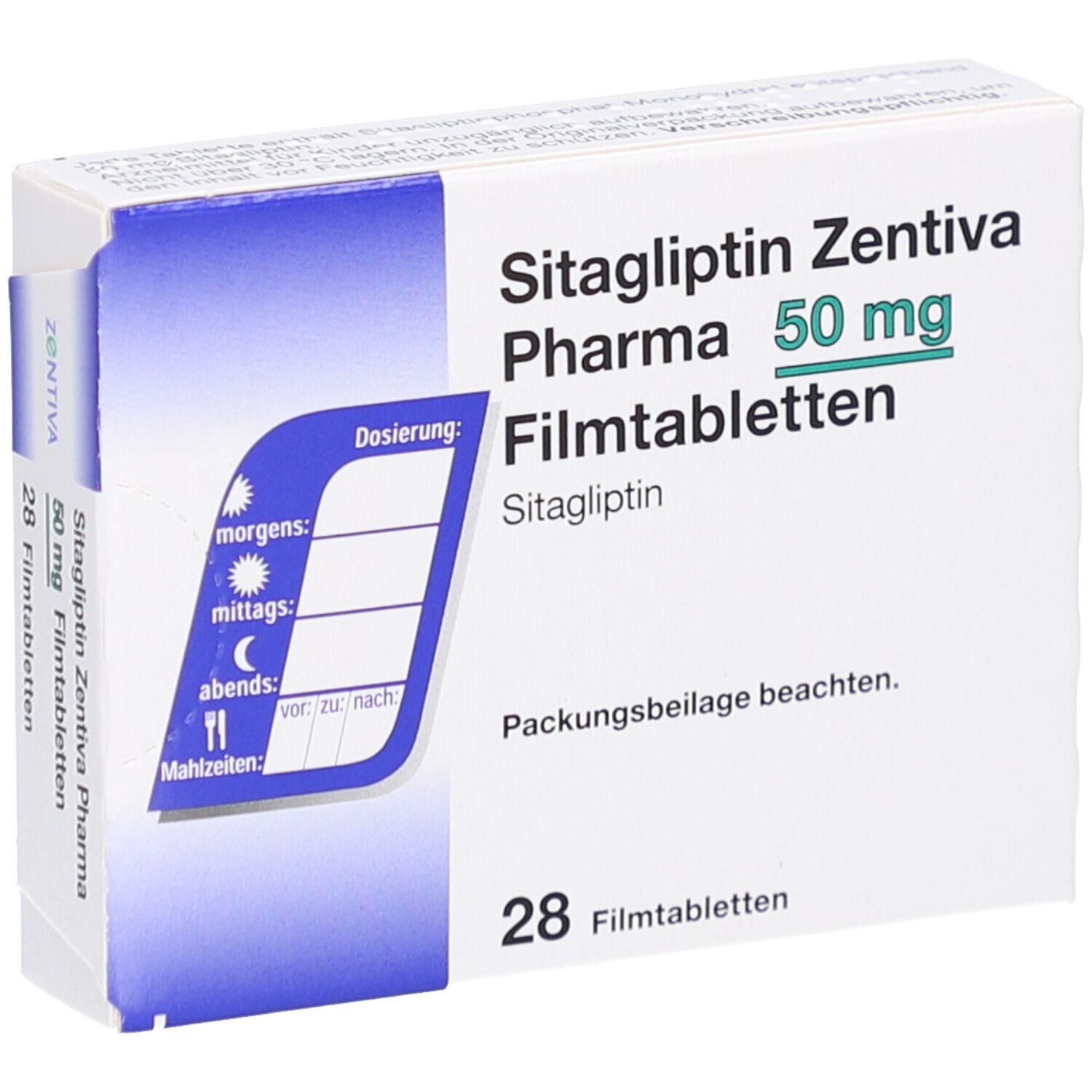 Schachtel mit SITAGLIPTIN Zentiva Pharma 50 mg Filmtabletten. Enthält 28 Tabletten. Aufdruck mit Dosierungshinweisen.