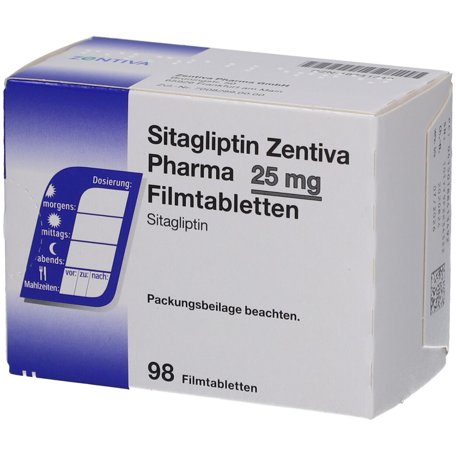 Schachtel mit SITAGLIPTIN Zentiva Pharma 25 mg Filmtabletten. Aufschrift: 98 Filmtabletten. Blaue Dosierungstabelle.