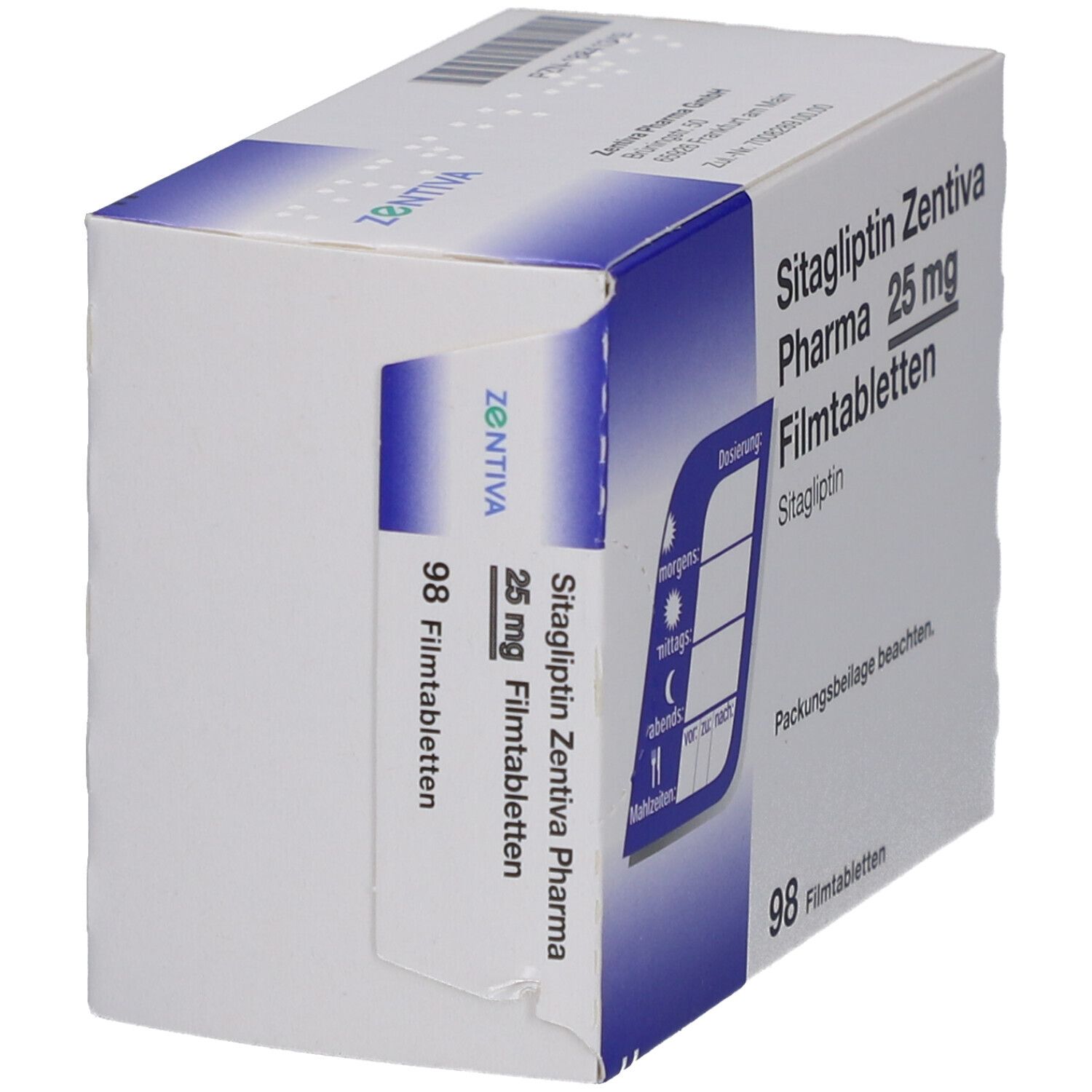 Schachtel mit SITAGLIPTIN Zentiva Pharma 25 mg Filmtabletten. Aufschrift: 98 Filmtabletten. Blaue Dosierungstabelle.