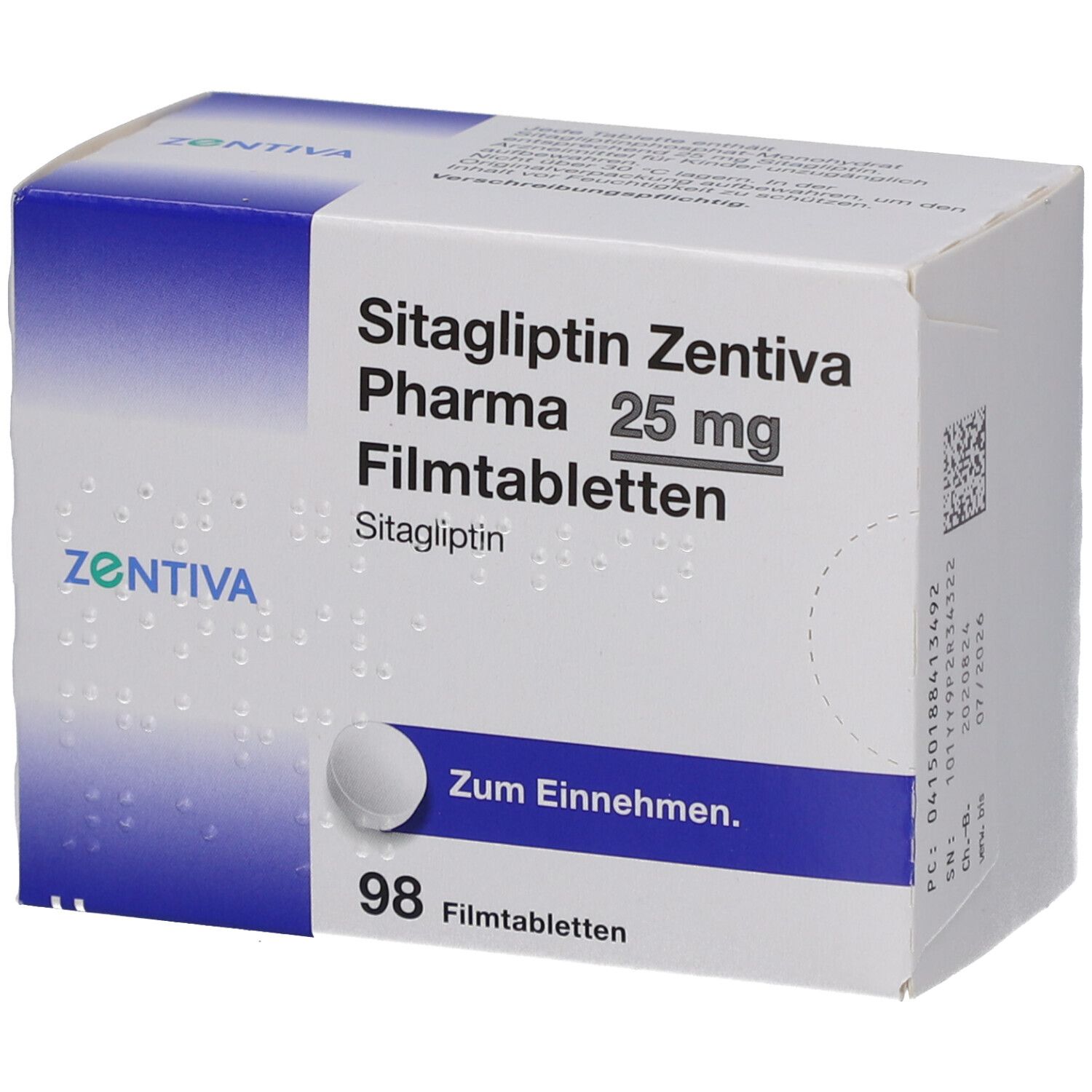 Schachtel mit SITAGLIPTIN Zentiva Pharma 25 mg Filmtabletten. Aufschrift: 98 Filmtabletten. Blaue Dosierungstabelle.