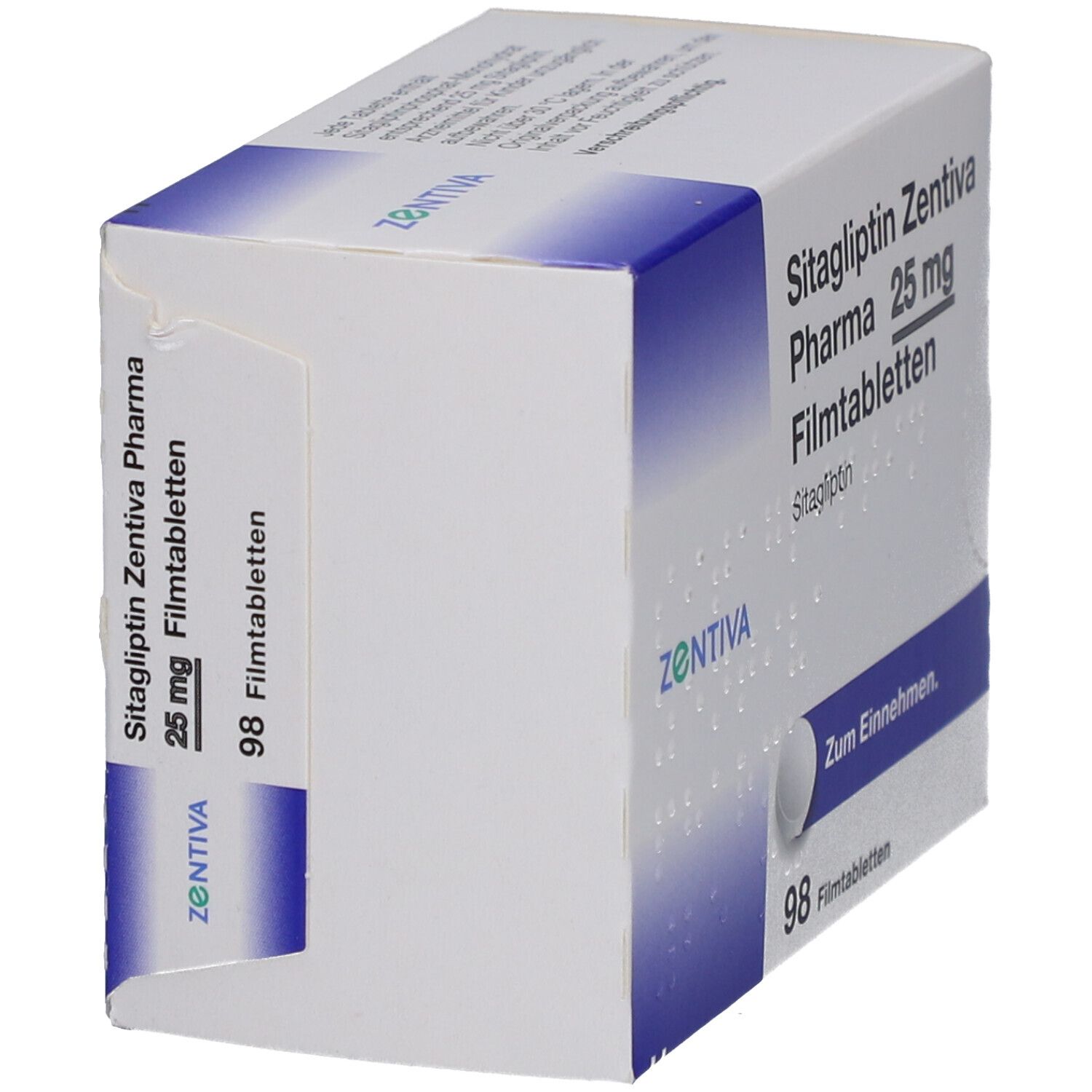 Schachtel mit SITAGLIPTIN Zentiva Pharma 25 mg Filmtabletten. Aufschrift: 98 Filmtabletten. Blaue Dosierungstabelle.