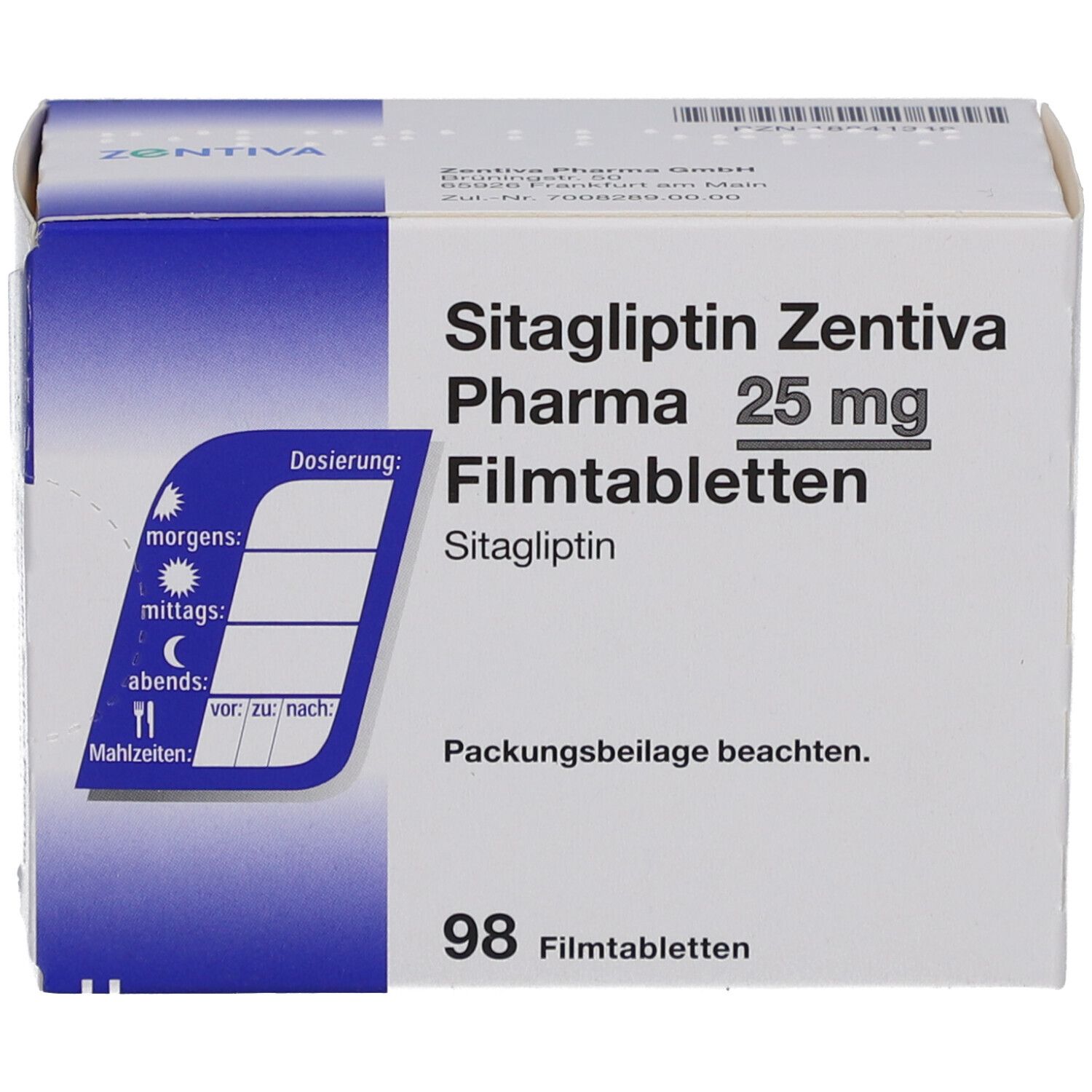 Schachtel mit SITAGLIPTIN Zentiva Pharma 25 mg Filmtabletten. Aufschrift: 98 Filmtabletten. Blaue Dosierungstabelle.