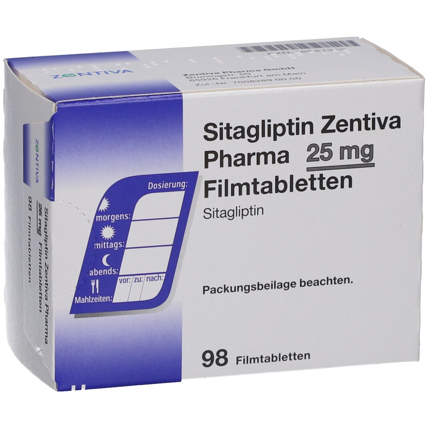 Schachtel mit SITAGLIPTIN Zentiva Pharma 25 mg Filmtabletten. Aufschrift: 98 Filmtabletten. Blaue Dosierungstabelle.