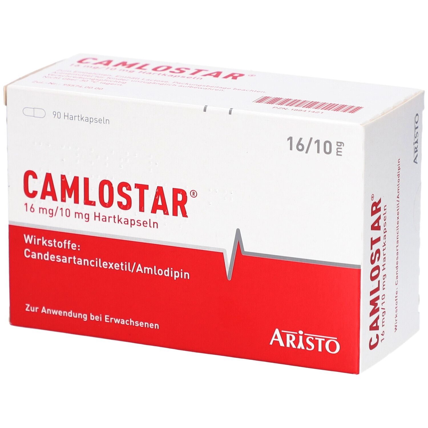 Weiße Schachtel mit rotem Streifen. Aufschrift CAMLOSTAR 16 mg/10 mg Hartkapseln. Enthält 90 Hartkapseln. Marke ARISTO.