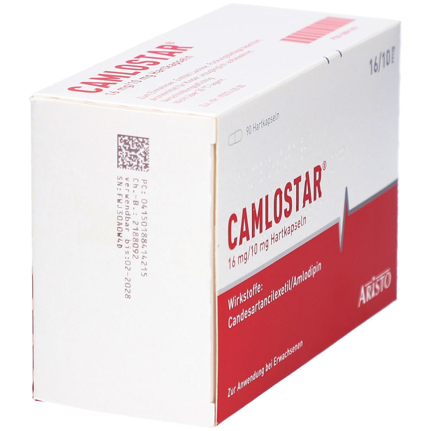 Weiße Schachtel mit rotem Streifen. Aufschrift CAMLOSTAR 16 mg/10 mg Hartkapseln. Enthält 90 Hartkapseln. Marke ARISTO.