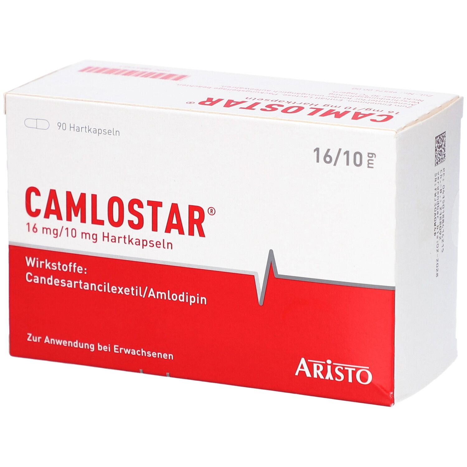 Weiße Schachtel mit rotem Streifen. Aufschrift CAMLOSTAR 16 mg/10 mg Hartkapseln. Enthält 90 Hartkapseln. Marke ARISTO.