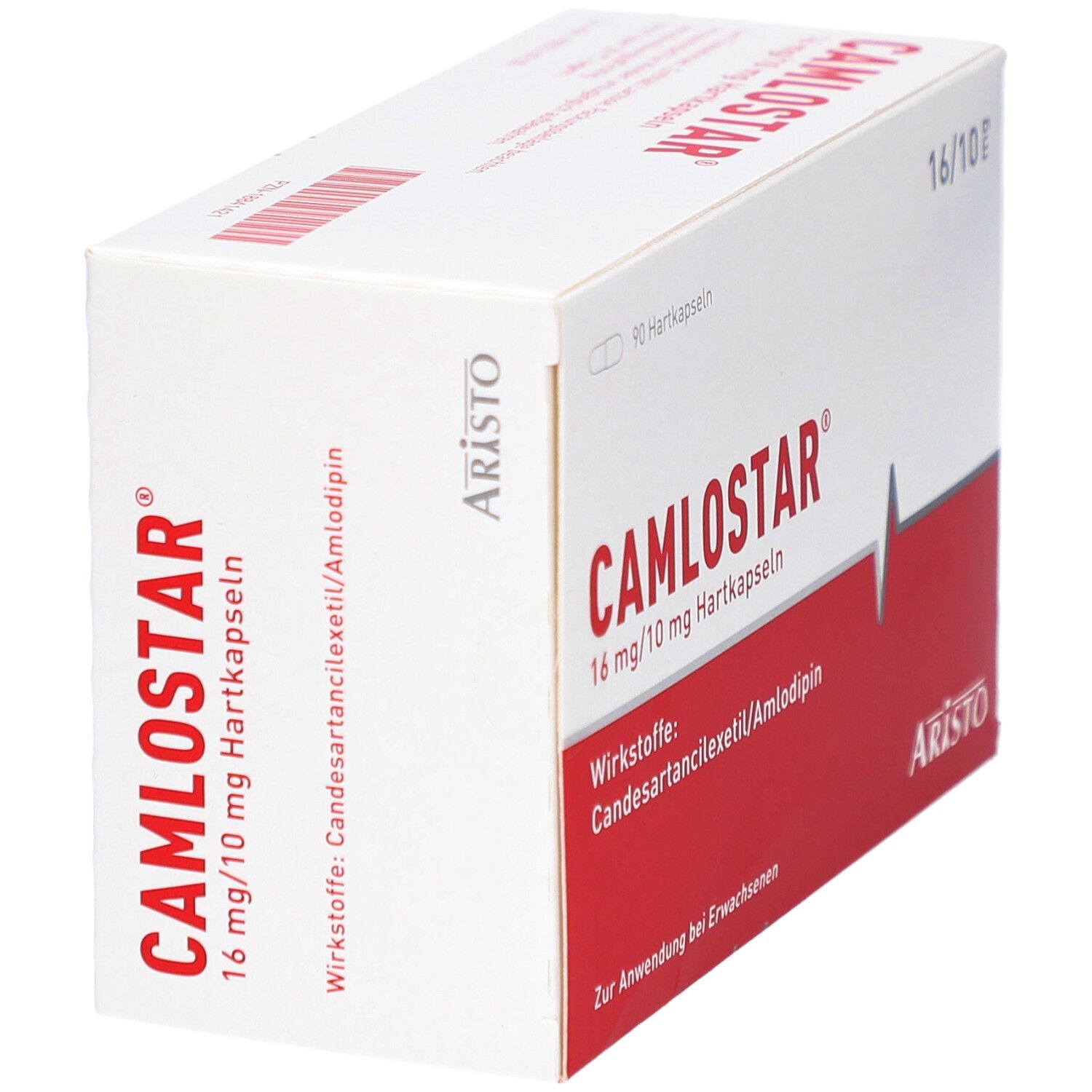 Weiße Schachtel mit rotem Streifen. Aufschrift CAMLOSTAR 16 mg/10 mg Hartkapseln. Enthält 90 Hartkapseln. Marke ARISTO.