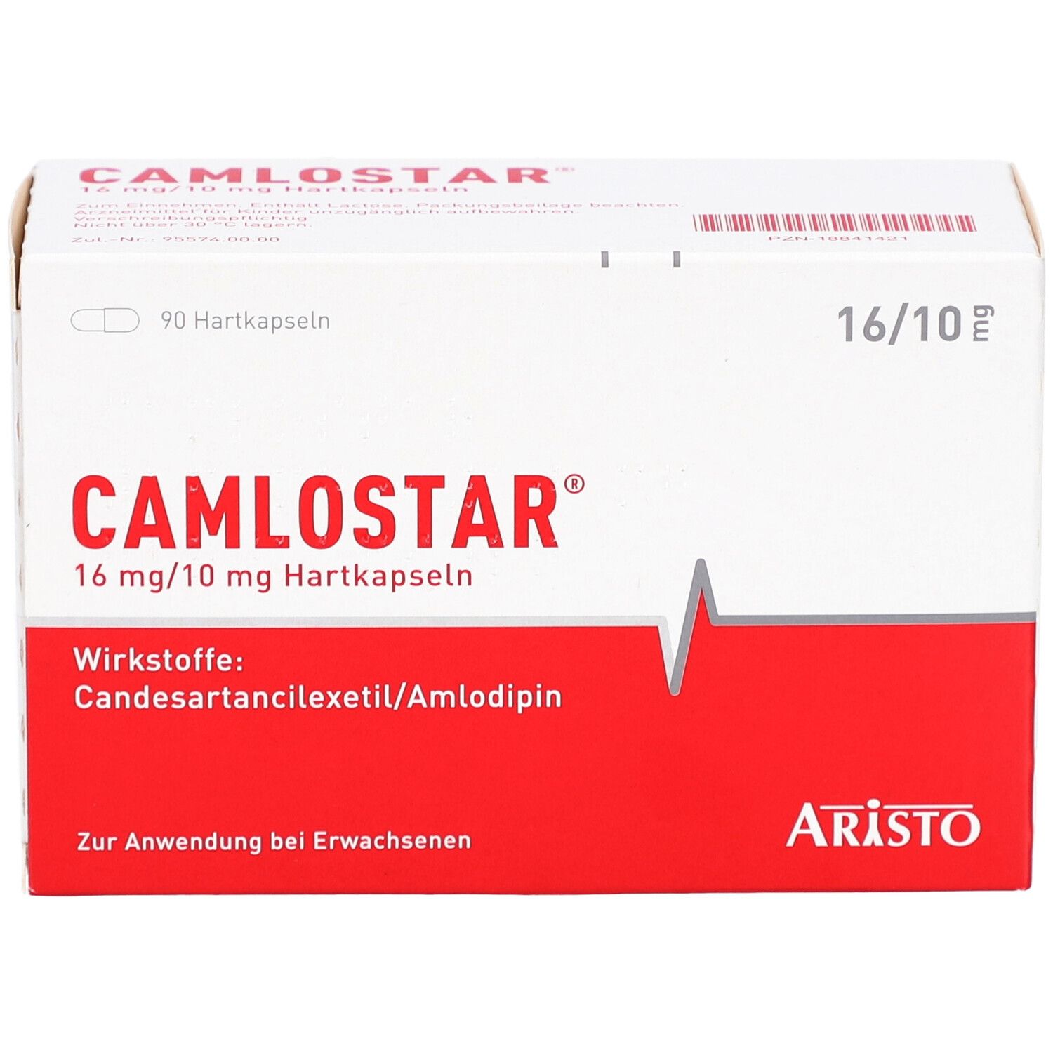Weiße Schachtel mit rotem Streifen. Aufschrift CAMLOSTAR 16 mg/10 mg Hartkapseln. Enthält 90 Hartkapseln. Marke ARISTO.