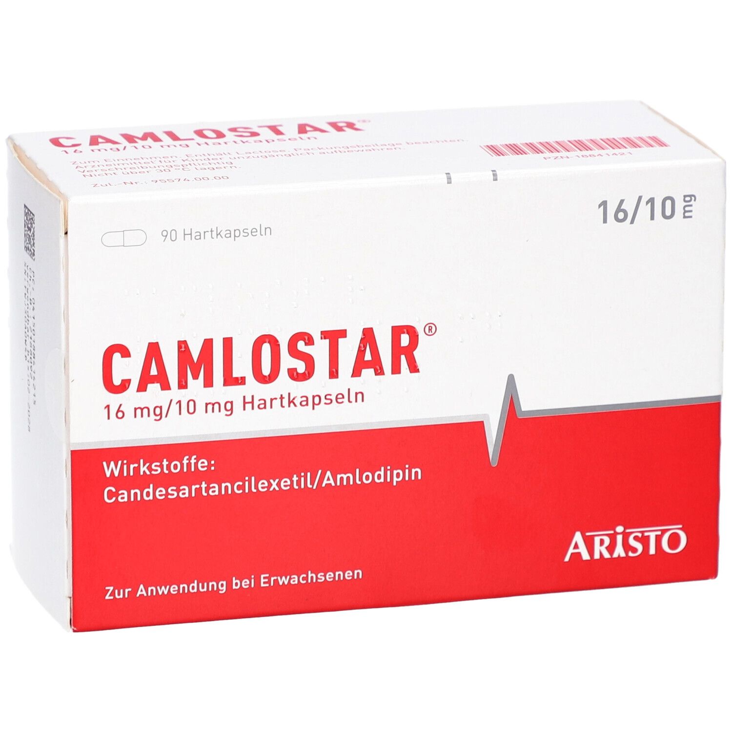 Weiße Schachtel mit rotem Streifen. Aufschrift CAMLOSTAR 16 mg/10 mg Hartkapseln. Enthält 90 Hartkapseln. Marke ARISTO.