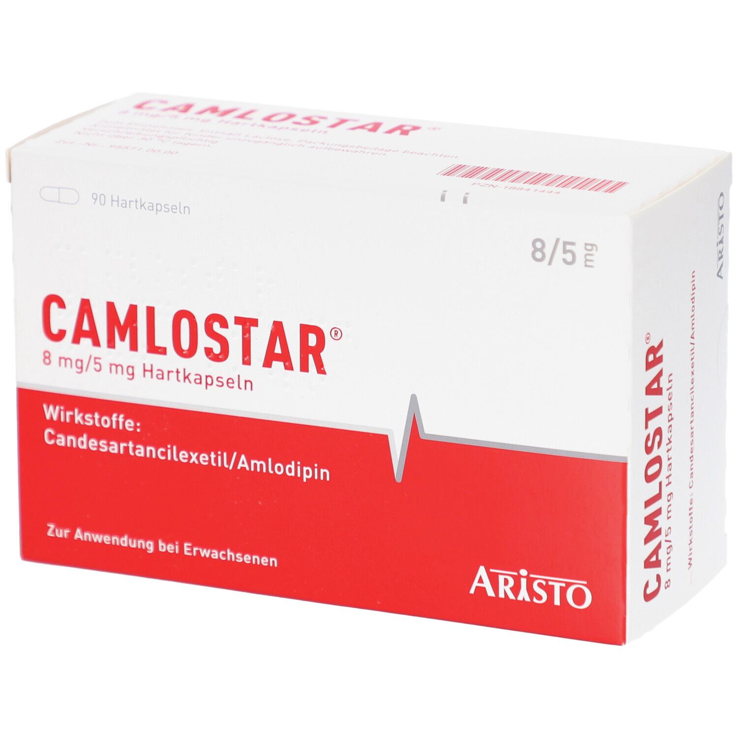 Weiße Schachtel mit rotem Streifen. Aufschrift: CAMLOSTAR 8 mg/5 mg Hartkapseln. Wirkstoffe: Candesartan/Amlodipin. Aristo.